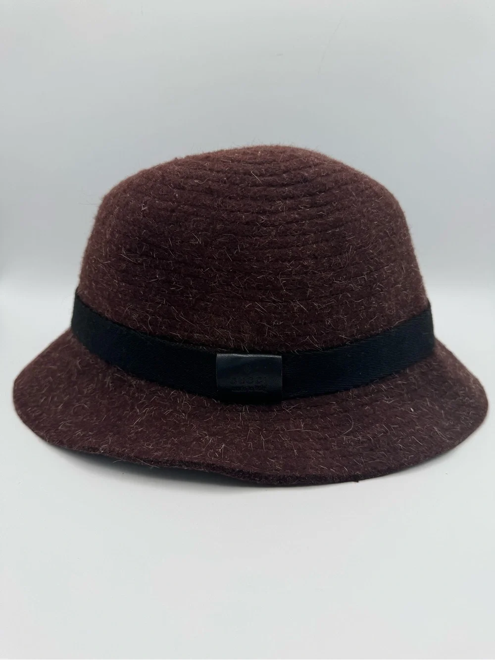 Gucci Felt Wool Bucket Hat Brown Black Band Logo Plaque Size Large